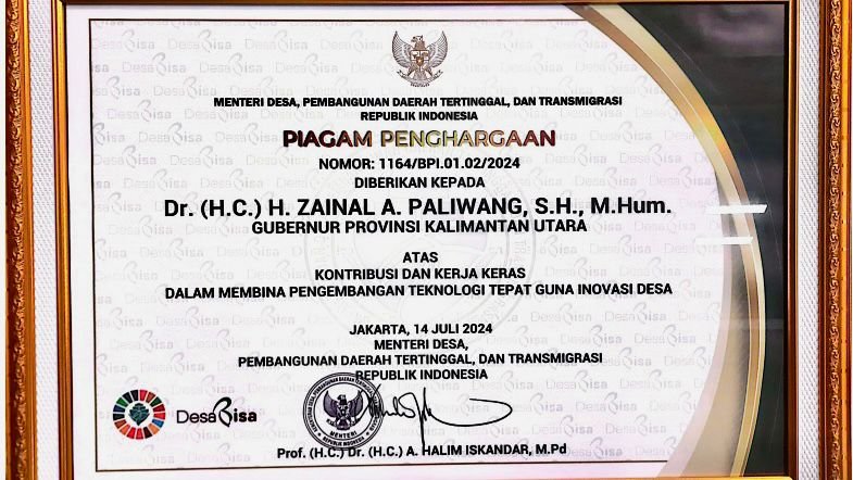Dinilai Tangguh Dalam Pengembangan Inovasi TTG, Gubernur Kaltara Raih Piagam dan Lencana Abdi Inovasi Desa dari Kemendes PDTT